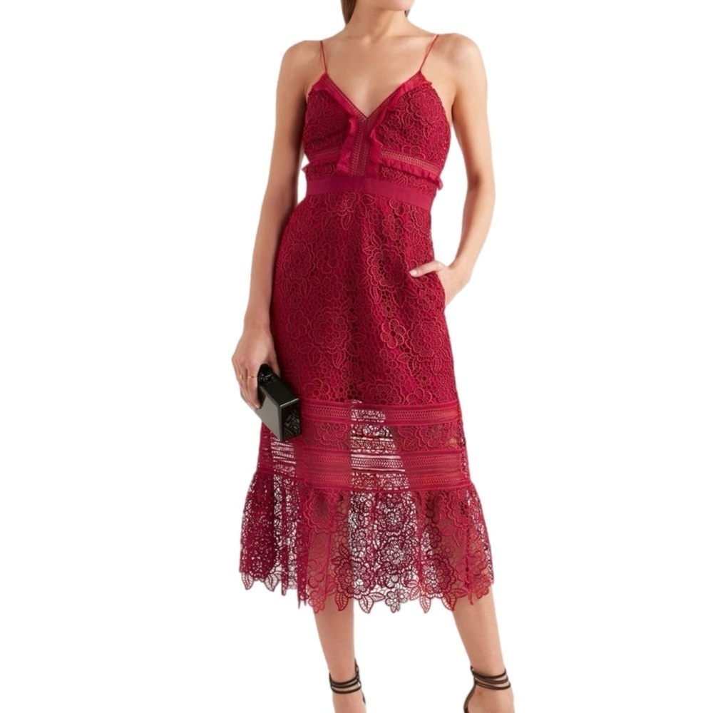Self Portrait Sleeveless Floral-Lace Cutout Guipure Midi Dress Raspberry